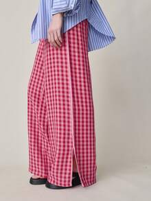Nöista 红粉格纹高腰阔腿裤，内侧纽扣和拉链闭合。女士套装，适合春夏穿着，情人节、休闲、度假等场合。 - 粉色 - 查看 3