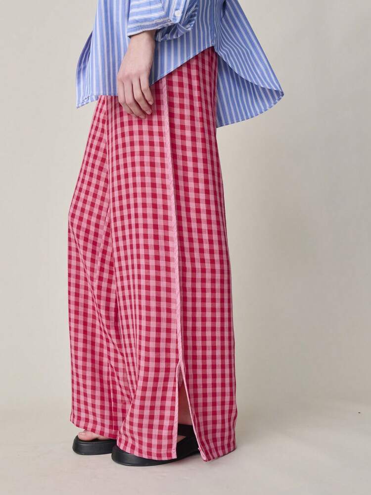 Nöista 红粉格纹高腰阔腿裤，内侧纽扣和拉链闭合。女士套装，适合春夏穿着，情人节、休闲、度假等场合。 - 粉色 - 查看 3