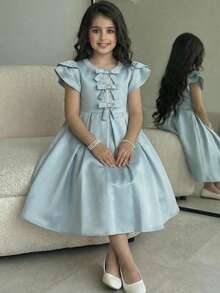 SHEIN Dusty Pink Girls Everyday Casual Dress Round Neck Puff Short Sleeve Zipper Midi A Line For Church And Special Occasions Dusty Blue Dress Girls Blue Dresses For Girls Bow Deco Mint Dress - Dusty Pink - View 2