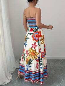 Elenzga 女士优雅时尚通勤休闲舒适迷人复古简约高端浪漫假日无袖抹胸印花露脐上衣A字碎花半身裙两件套 - 彩色 - 查看 2