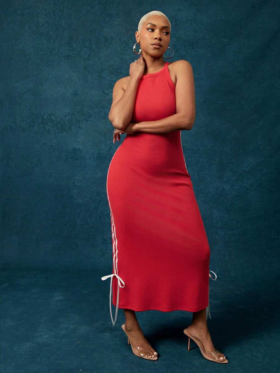 Vixey 条纹蝴蝶结侧边细节工字领罗纹中长连衣裙 - 紅色 - 查看 1