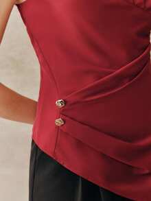 2026 Top sin mangas de mujer con cuello redondo y bajo asimétrico, de estilo casual en color rojo vino vintage - Burdeos - Ver 2