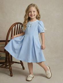 PrepCrw Young Girls' Collegiate Style Round Neck Short Sleeve Dress - Multicolor - View 1