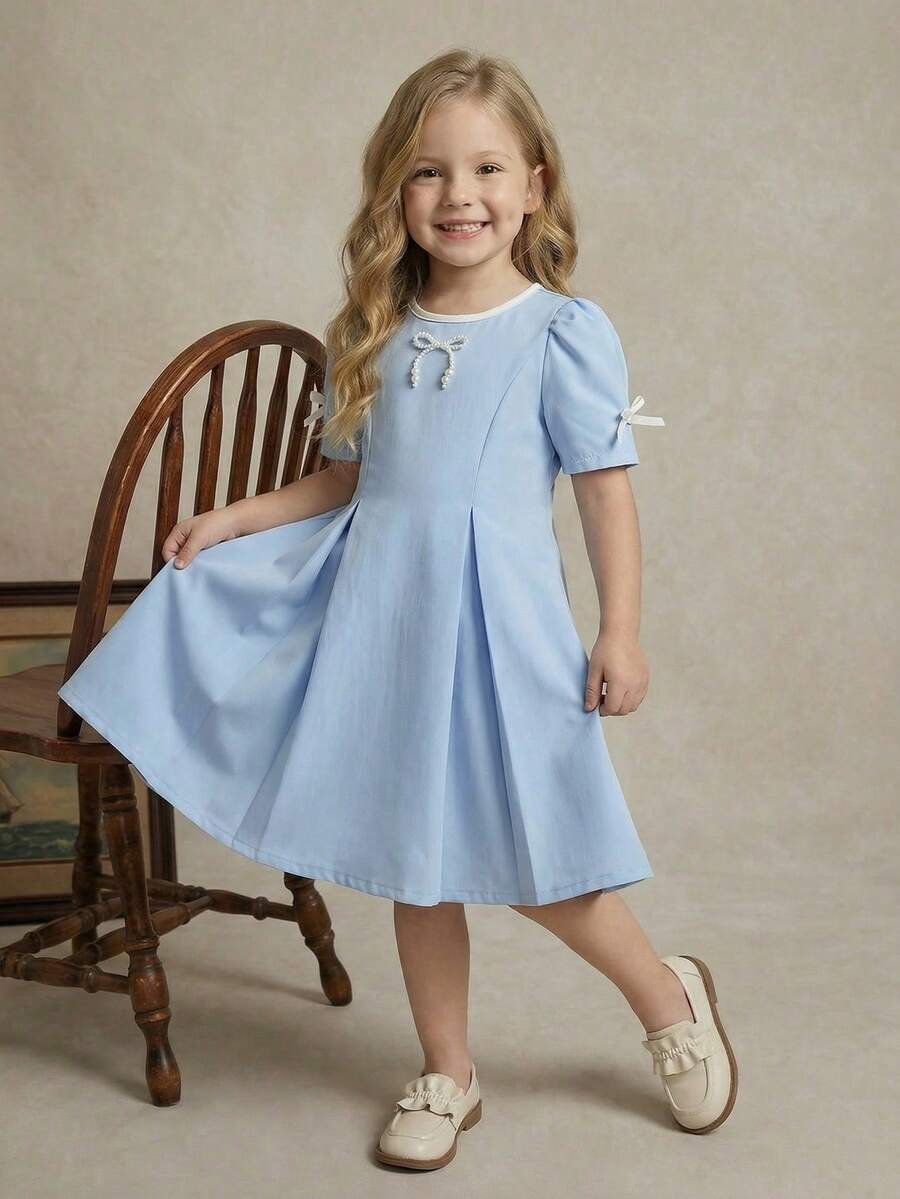 PrepCrw Young Girls' Collegiate Style Round Neck Short Sleeve Dress - Multicolor - View 1