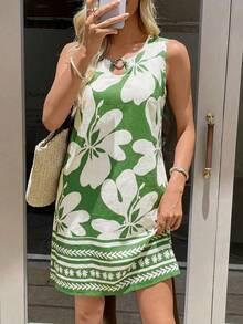 SHEIN LUNE Plus Size Colorblock Print Round Neck Sleeveless Dress - Green - View 5
