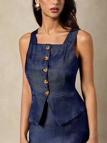 Briarwyn 女士方领无袖纽扣背心和迷你裙休闲两件套 - 藍色 - 查看 7