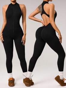 Dewbera 1pc Women's Seamless Front Zipper Mandarin Collar Racerback Sexy Backless Camisole & Cropped Jumpsuit For Running, Fitness, Yoga - Black - View 1