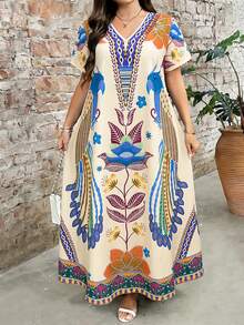EMERY ROSE Plus Size Women's Printed Round Neck Short Sleeve Dress, Elegant And Suitable For Everyday Wear - Multicolor - View 1