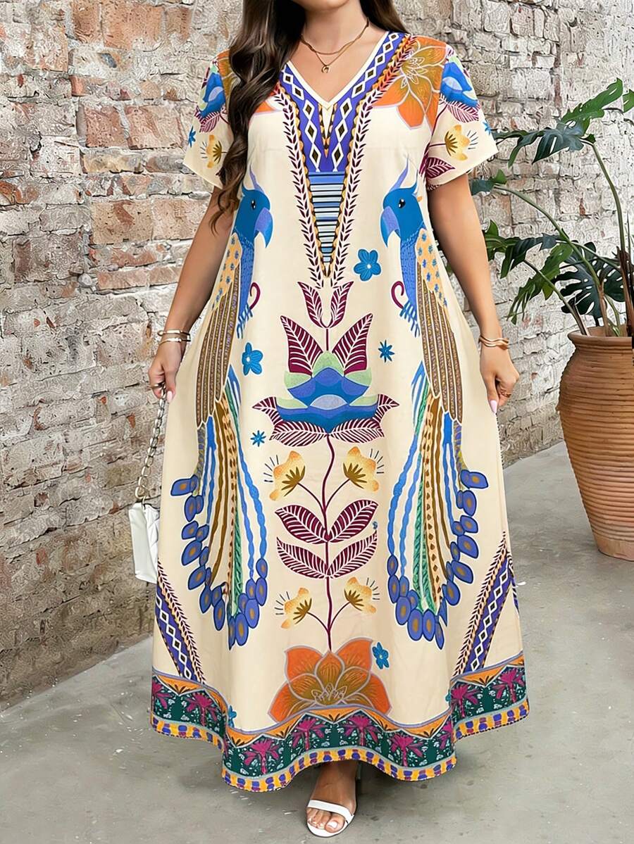 EMERY ROSE Plus Size Women's Printed Round Neck Short Sleeve Dress, Elegant And Suitable For Everyday Wear - Multicolor - View 1