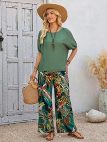 EMERY ROSE 女士优雅褶皱V领短袖衬衫杏色休闲套装，女士两件套，女士春夏裤装套装，女士夏季亚麻裤套装，女士夏季裤装和衬衫套装，女士休闲春季套装，女士套装，女士休闲夏季套装 - 軍綠色 - 查看 5