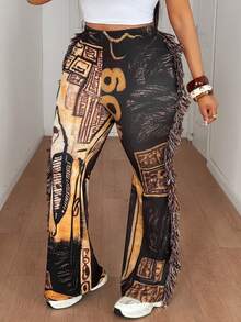 Maweii 大码女式休闲针织高弹罗纹印花面料，松紧腰设计，侧边毛绒带装饰喇叭裤，百搭款式，新款大码女装，适合派对、音乐节等场合，修身长裤 - 彩色 - 查看 4