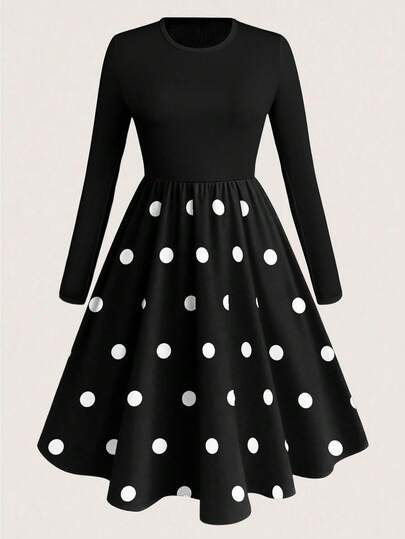 EMERY ROSE 大码女式经典复古圆领罗纹上衣和波点印花连衣裙，大码黑色连衣裙