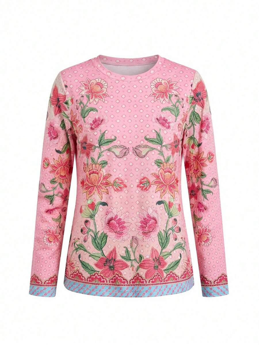 LOTSLUV Blusa básica de manga larga con cuello redondo y estampado degradado, color rosa - Rosa - Ver 1