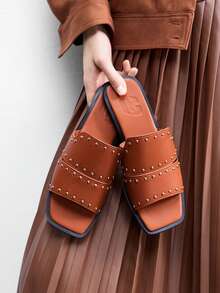 CUCCOO BIZCHIC Women's Rivet Design Casual Fashionable Slip-On Flat Sandals - Camel - View 6