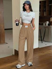 SHEIN EZwear Pantalones rectos casuales y sueltos de color negro, para primavera/verano - Caqui - Ver 5