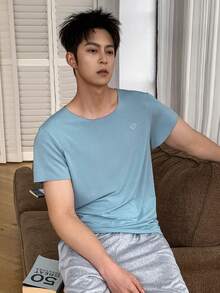 DAZY 男士纯蓝色圆领家居服上衣，夏季 - 藍色 - 查看 5