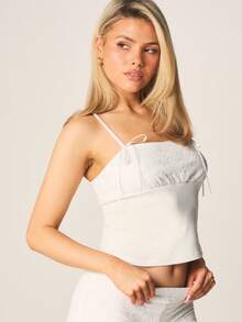 MISSGUIDED Ribbed Pajama Set With Cami Tank Top And Lace Trim Shorts Sleepwear Lounge Set - Beige - View 6