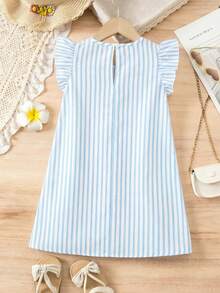 Tween Girl Fresh Blue & White Striped Floral Print Ruffle Sleeve Round Neck Dress - Multicolor - View 2