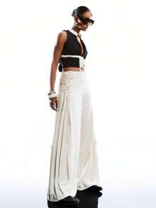 LYSMO 女士纯色简约休闲系带裤 - 卡其色 - 查看 7