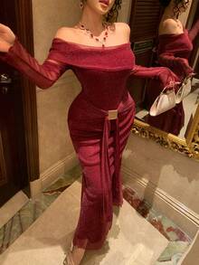 DAZY 女士优雅闪亮缎带系带露肩中长连衣裙，春夏婚礼宾客礼服/吊带裙 - 酒紅色 - 查看 3