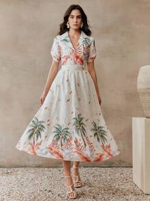 Anewsta Palm Tree Print Embroidered Collar Waist Cinched Short Sleeve Dress, Vacation Style - White - View 4
