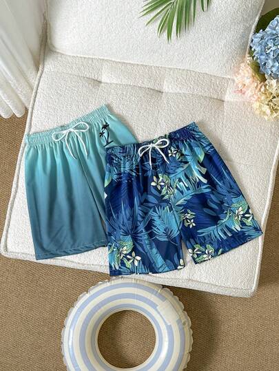 SHEIN 2pcs/Set Tween Boys Swimwear, Tropical Plant & Ombre Palm Tree Print Beach Shorts, & Personalized Beach Holiday Style, Suitable For Summer