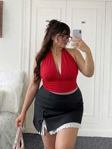 CovetEZ Red Plus Size Spaghetti Strap Fitted V-Neck Sleeveless Cropped Tank Top, Summer Tops - Red - View 1