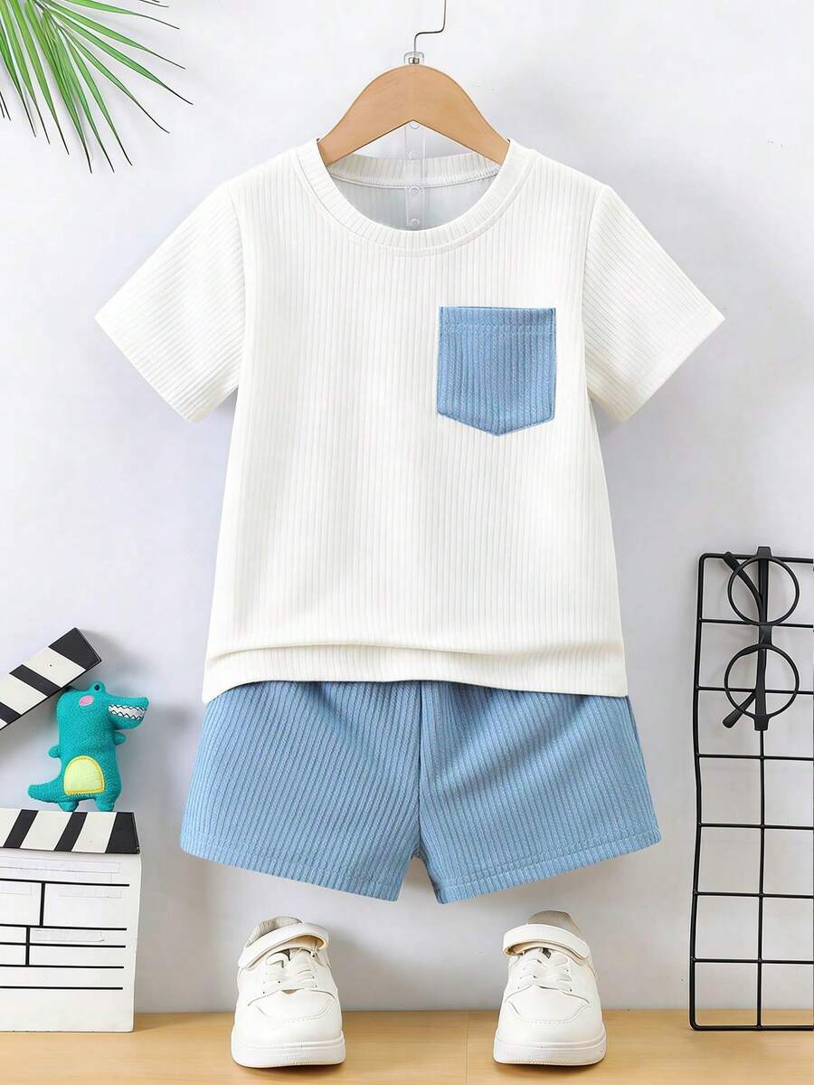 SHEIN Genkimix Kids 2 Stücke/Set Kontrastfarben Kurzarm T-Shirt mit Tasche und Shorts für Kleine Jungen, Lässig - Verschiedenfarbig - Übersicht 1