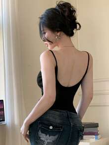 DAZY 女士露背性感休闲修身吊带背心 - 黑色 - 查看 3