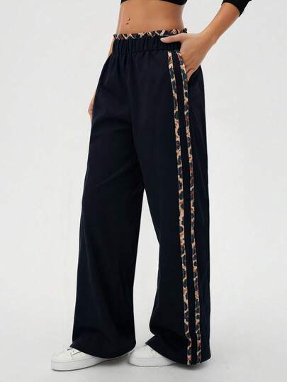 SHEIN LUNE Women's Black Side Floral Patchwork Casual Wide Leg Pants, Spring/Summer