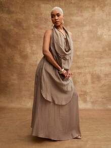 Vixey Textured Woven Drawstring Waistband Flowy Maxi Skirt - Camel - View 3