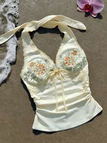 Summer Fashion Beach Vacation Embroidered Lace Trim Women Halter Neck Camisole - Apricot - View 5