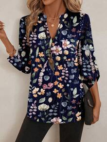 EMERY ROSE Women's Spring Full Print Notched Neck 3/4 Sleeve Blouse, Work Shirt - Navy Blue - View 2