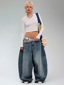 COUREZ Quần jeans ống loe cạp trễ phối vải cotton cotton cổ điển, màu xanh nhạt, phong cách đường phố thường ngày Y2K Leisure Music Festival - Màu xanh hải quân - Xem 4