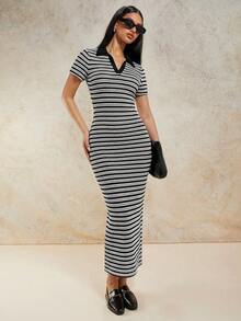 COSMINA Women's Striped Print Fitted Casual Short Sleeve Dress - Black and White - View 4