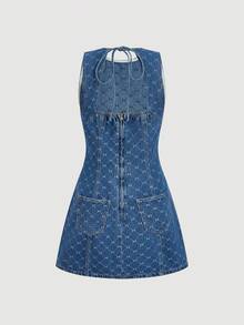 Sweetra 女士时尚休闲优雅百搭无袖牛仔连衣裙 - 中等水洗藍 - 查看 2