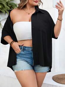 SHEIN CURVE+ Curve Mărimea US22Festival de muzică, Vacanță la mare, Cămașă de damă neagră cu mânecă de liliac și nasturi în față, Bohemia - Negru - Vizualizare 4
