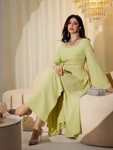 Modelyn Women's Elegant V-Neck Cutout Flared Long Sleeve Blue Dress - Green - View 6