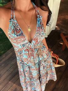 Sunnyshic Rochie de damă casual la modă, de zi cu zi, cu imprimeu boem, cu imprimeu paisley, cu nod halter și fundă, cu tiv cu volane, primăvară/vară - Multicolor - Vizualizare 7