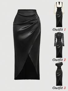 SHEIN MOD 女士时尚不对称下摆缎面半身裙 - 黑色 - 查看 1