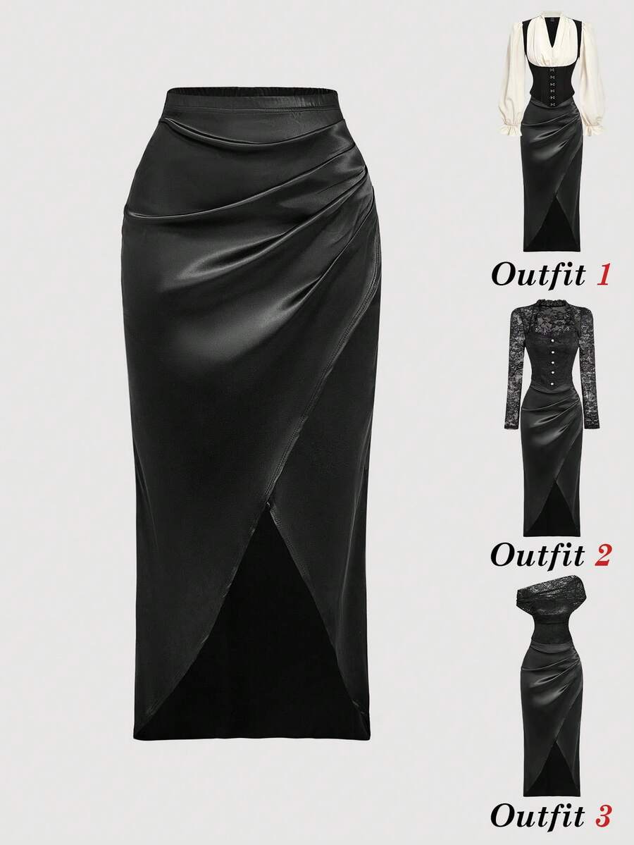 SHEIN MOD 女士时尚不对称下摆缎面半身裙 - 黑色 - 查看 1