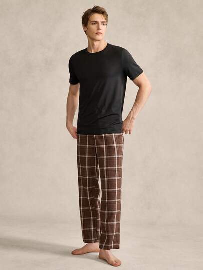 EverLounge Herren Kaffee Karomuster Lässig Basic Vintage Stil Schlafanzug Set