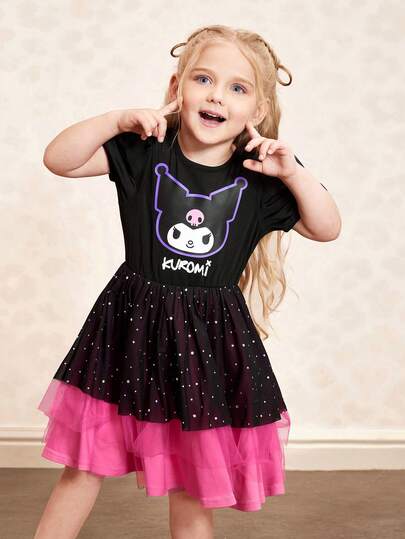HELLO KITTY AND FRIENDS | SHEIN Young Girl Colorblock Cartoon Pattern Round Neck Short Sleeve Dress
