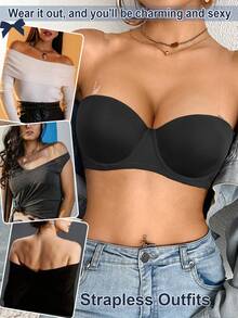 DesireSculpt 3pcs Women's Solid Color Simple Design Strapless Bra With Wire, Seamless Bra Set - Multicolor - View 6