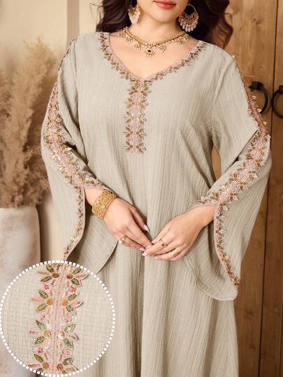 Al Najma 大码女式V领花卉装饰喇叭袖阿拉伯传统长裙