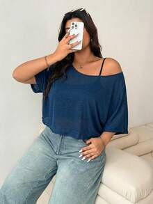 Solflare 大码女式宽松蝙蝠袖斜肩休闲T恤，藏蓝色 - 藏蓝色 - 查看 5