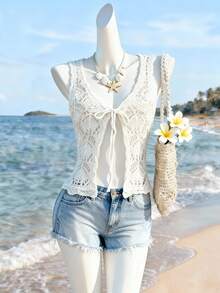 GlowEve 女士优雅无袖系带开衫，春夏款 - 白色 - 查看 1