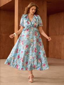 Roveilla 大码V领荷叶边短袖收腰喇叭形印花中长连衣裙 - 藍色 - 查看 6