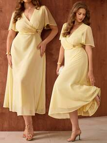 Roveilla Đầm maxi dài tay có lớp lót, chất liệu chiffon mỏng nhẹ, thanh lịch dành cho nữ, thích hợp đi làm, đi nghỉ mát, dự tiệc trà chiều, kiểu dáng lãng mạn, cổ chữ V, eo chéo, đính kim loại, phù hợp cho mùa xuân/hè. - Màu vàng - Xem 1