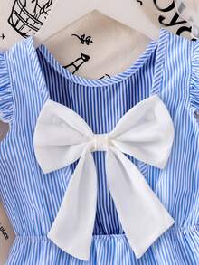 女童蓝白条纹荷叶边无袖连体衣，优雅舒适，时尚设计，夏季款 - 藍色 - 查看 6